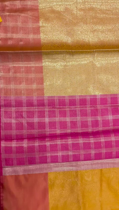 Faishana Presents Orange Zari Kanchi Silk Brocade Contrast Pink Zari Pattu Border Banarasi Saree