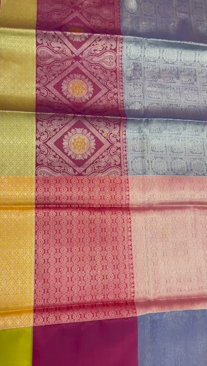 Faishana Presents Blue Silver Zari Kanchi Silk Tanchoi Brocade Contrast Pink Skirt Meena Border Banarasi Saree