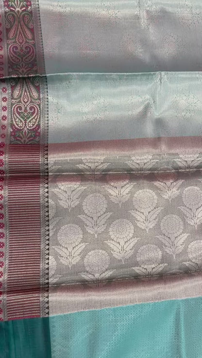 Faishana Presents Sea Green Zari Kanchi Silk Brocade Contrast Silver Gold Jamwar Border Banarasi Saree