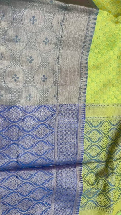 Faishana Green Resham Brocade Saree With Contrast Blue Zari Pattu Border