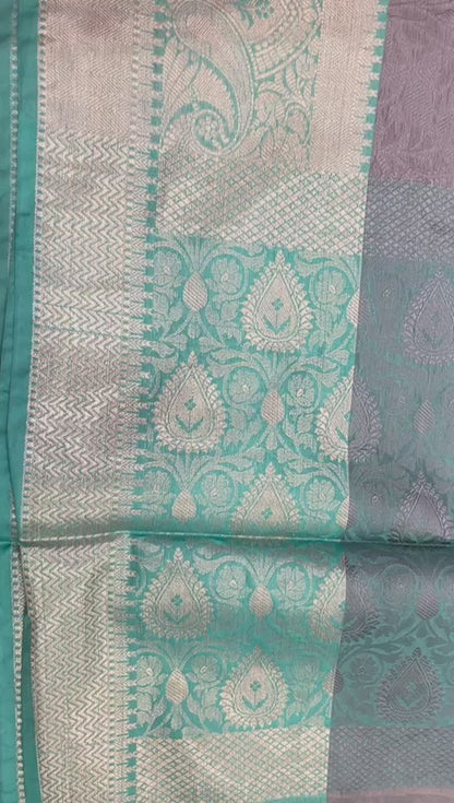 Faishana Grey Resham Brocade Saree With Contrast Seagreen Zari Pattu Border