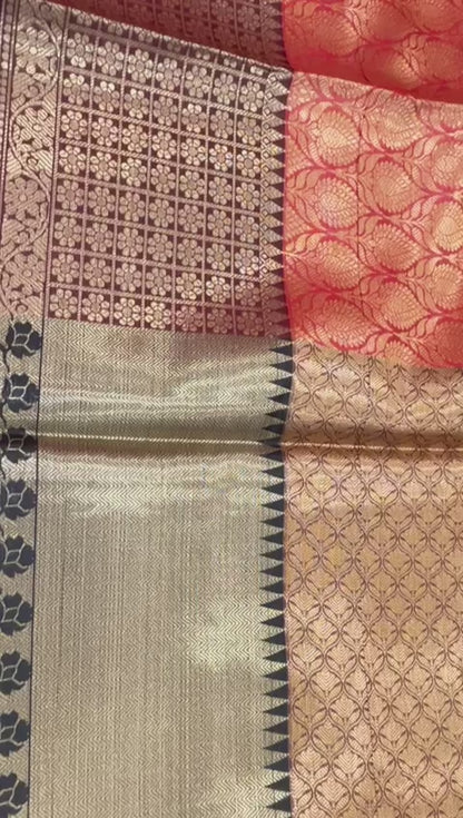 Faishana Presents Red Zari Kanchi Silk Brocade Contrast Deep Maroon Zari Pattu Border Banarasi Saree