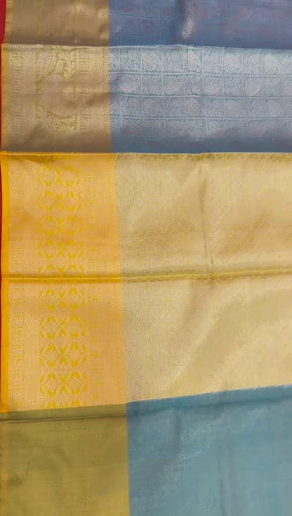 Faishana Presents Blue Silver Zari Kanchi Silk Tanchoi Brocade Contrast Gold Skirt Meena Border Banarasi Saree