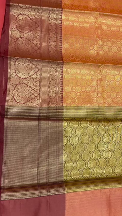 Faishana Presents Peach Zari Kanchi Silk Brocade Contrast Maroon Zari Pattu Border Banarasi Saree