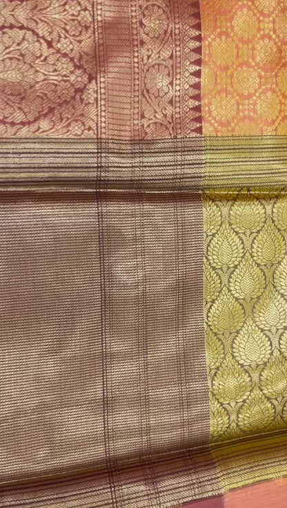 Faishana Presents Peach Zari Kanchi Silk Brocade Contrast Maroon Zari Pattu Border Banarasi Saree