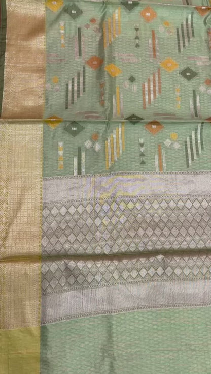 Faishana Presents Handwoven Pistachio Green Mulberry Silk Geometrical Motif Tilfi Zari Border With Parrot Green Blouse Banarasi Saree