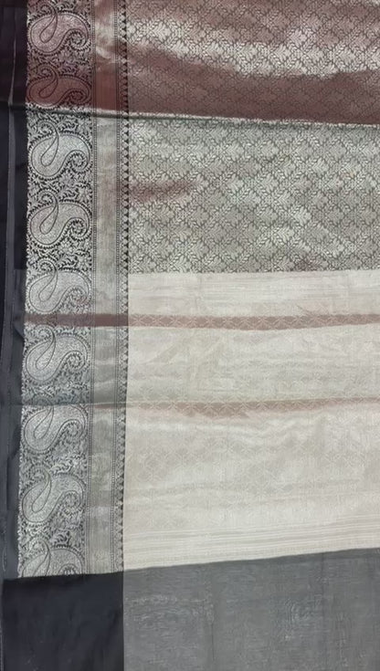 Faishana Presents Black Zari Kanchi Silk Brocade Contrast Silver Gold Jamawar Border Banarasi Saree