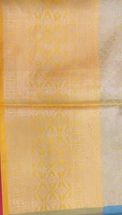 Faishana Presents Blue Silver Zari Kanchi Silk Tanchoi Brocade Contrast Gold Skirt Meena Border Banarasi Saree