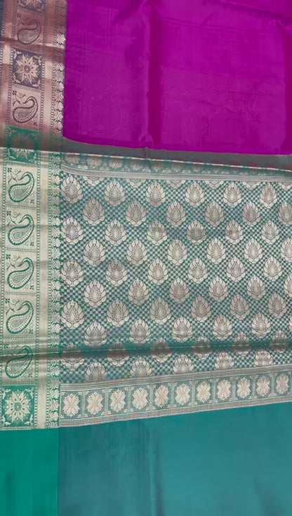 Faishana Presents Pink Katan Silk Plain Zari Anchal With Contrast Green Zari Border Banarasi Saree