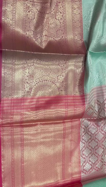 Faishana Presents Seagreen Silver Zari Kanchi Silk Brocade Contrast Pink Zari Pattu Border Banarasi Saree
