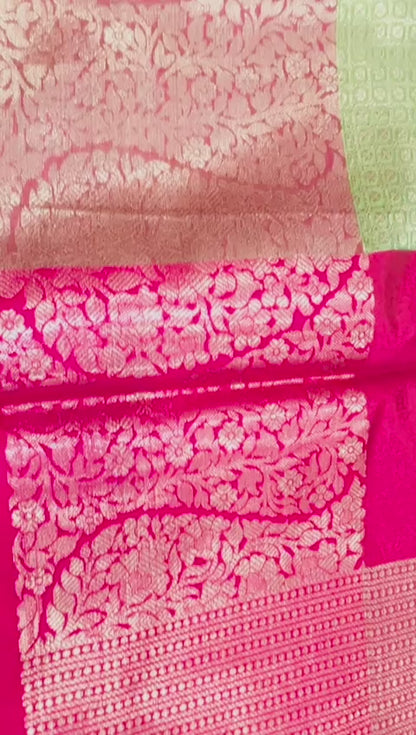 Faishana Presents Light Green Kanchi Silk Zari Brocade Contrast Meena Pink Pattu Border Banarasi Saree