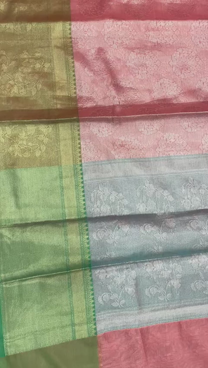 Faishana Presents Pink Silver Zari Kanchi Silk Contrast Brocade Contrast Green Zari Pattu Border Banarasi Saree
