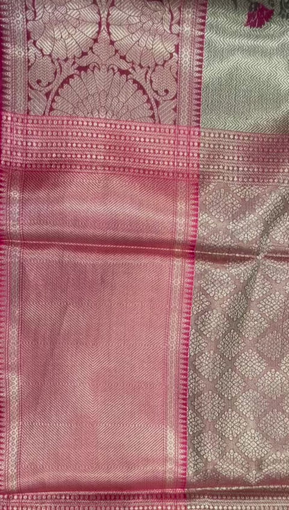 Faishana Presents Light Gold Zari Meena Paithani Brocade Contrast Pink Pattu Border Banarasi Saree