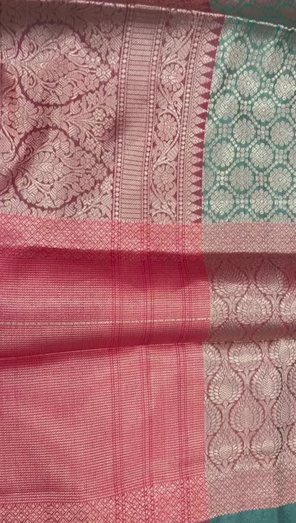 Faishana Presents Green Zari Kanchi Silk Brocade Contrast Maroon Zari Pattu Border Banarasi Saree