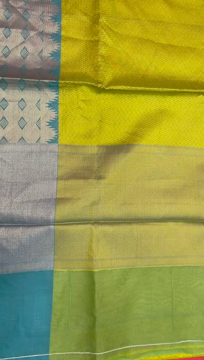 Faishana Gold Resham Brocade Saree With Contrast Blue Zari Pattu Border