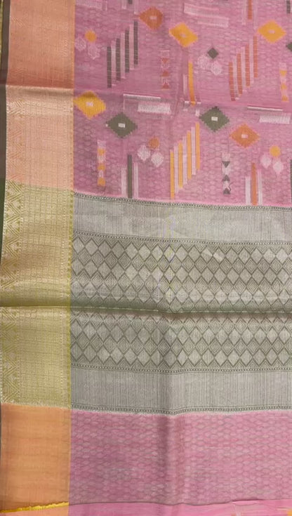 Faishana Presents Handwoven Pink Mulberry Silk Geometrical Motif Tilfi Zari Border With Parrot Green Blouse Banarasi Saree