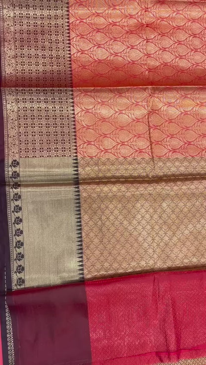 Faishana Presents Red Zari Kanchi Silk Brocade Contrast Deep Maroon Zari Pattu Border Banarasi Saree