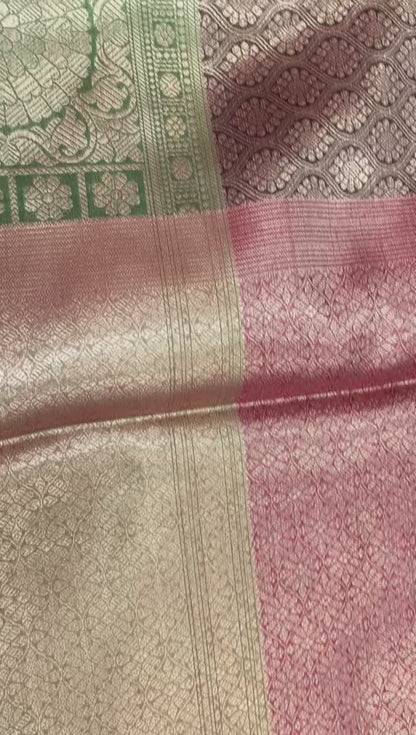 Faishana Presents Black Zari Kanchi Silk Brocade Contrast Green Zari Pattu Border Banarasi Saree