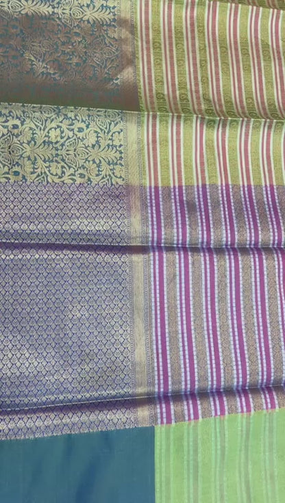 Faishana Presents Green Zari Strip Kanchi Silk Tanchoi Brocade Contrast Torqouise Blue Skirt Border Banarasi Saree