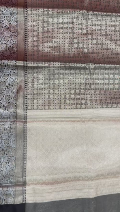 Faishana Presents Black Zari Kanchi Silk Brocade Contrast Silver Gold Zari Jamawar Black Border Saree