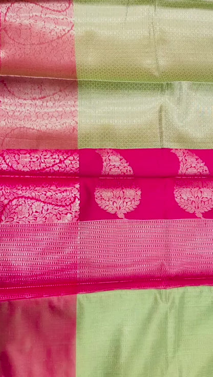 Faishana Presents Light Green Kanchi Silk Zari Brocade Contrast Meena Pink Pattu Border Banarasi Saree