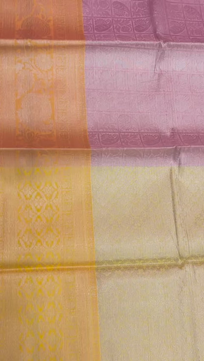 Faishana Presents Pink Silver Zari Kanchi Silk Tanchoi Brocade Contrast Gold Skirt Meena Border Banarasi Saree