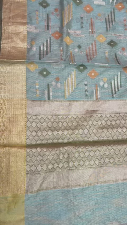 Faishana Presents Handwoven Seagreen Mulberry Silk Geometrical Motif Tilfi Zari Border With Parrot Green Blouse Banarasi Saree