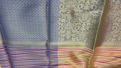 Faishana Presents Beige Zari Strip Kanchi Silk Tanchoi Brocade Contrast Blue Skirt Border Banarasi Saree