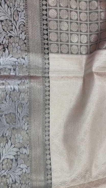 Faishana Presents Black Zari Kanchi Silk Brocade Contrast Silver Gold Zari Jamawar Black Border Saree