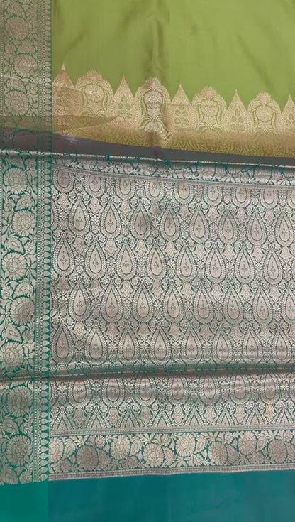 Faishana Presents Green Katan Silk Plain Zari Anchal With Contrast Green Zari Border Banarasi Saree