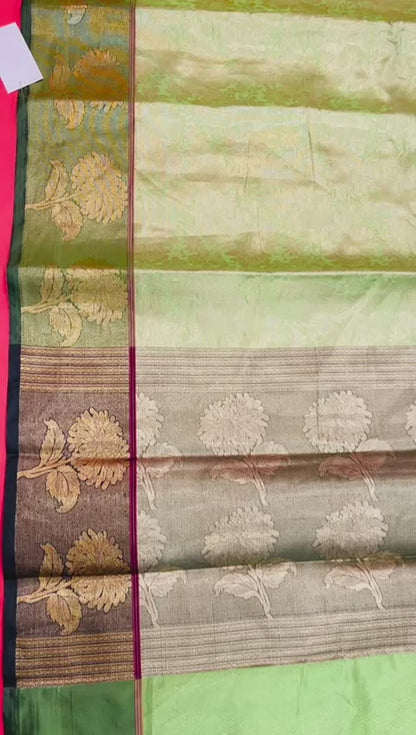 Faishana Presents Light Green Zari Kanchi Silk Brocade Contrast Zari Pattu Border Banarasi Saree