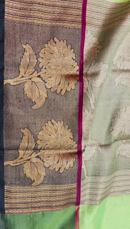 Faishana Presents Light Green Zari Kanchi Silk Brocade Contrast Zari Pattu Border Banarasi Saree