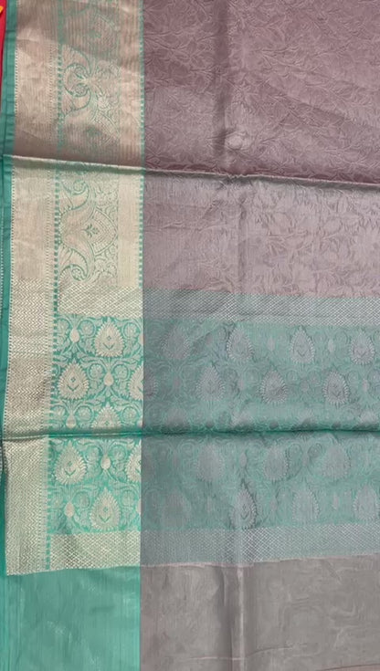 Faishana Grey Resham Brocade Saree With Contrast Seagreen Zari Pattu Border