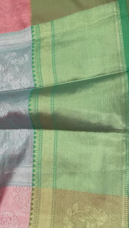 Faishana Presents Pink Silver Zari Kanchi Silk Contrast Brocade Contrast Green Zari Pattu Border Banarasi Saree