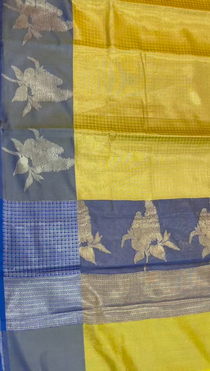 Faishana Presents Gold Zari Kanchi Silk Brocade Contrast Blue Zari Pattu Border Banarasi Saree
