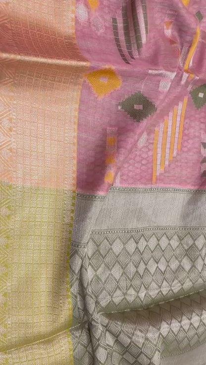 Faishana Presents Handwoven Pink Mulberry Silk Geometrical Motif Tilfi Zari Border With Parrot Green Blouse Banarasi Saree