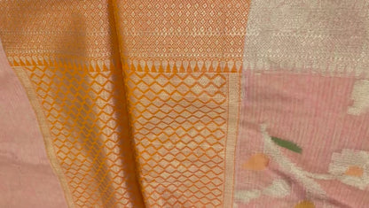 Faishana Presents Handwoven Peach Mulberry Silk Tilfi Jaal Zari Border With Orange Blouse Banarasi Saree
