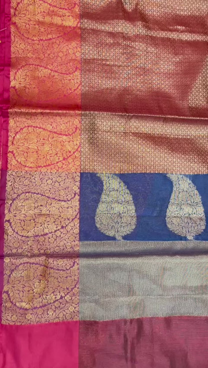 Faishana Presents Brown Antique Zari Kanchi Silk Brocade Contrast Pink Zari Pattu Border Banarasi Saree