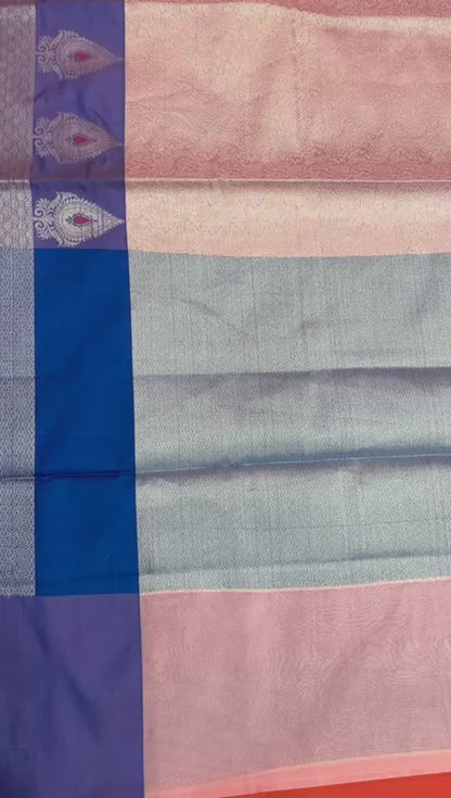 Faishana Presents Pink Silver Zari Kanchi Silk Tanchoi Brocade Contrast Blue Skirt Meena Border Banarasi Saree