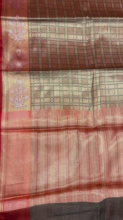 Faishana Presents Brown Antique Kanchi Zari Brocade Contrast Meena Patta Border Banarasi Saree