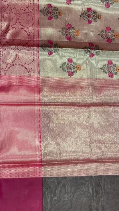 Faishana Presents Light Gold Zari Meena Paithani Brocade Contrast Pink Pattu Border Banarasi Saree