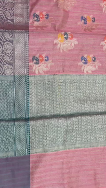 Faishana Presents Handwoven Pink Mulberry Silk Tilfi Boota Zari Border With Green Blouse Banarasi Saree
