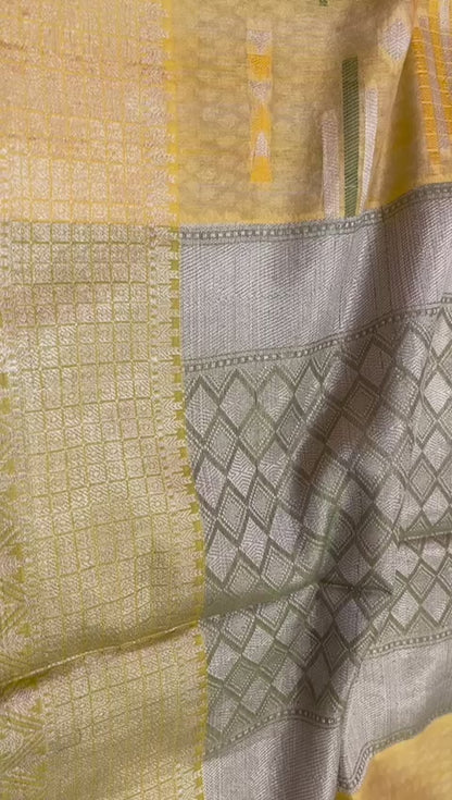 Faishana Presents Handwoven Gold Mulberry Silk Geometrical Motif Tilfi Zari Border With Orange Blouse Banarasi Saree