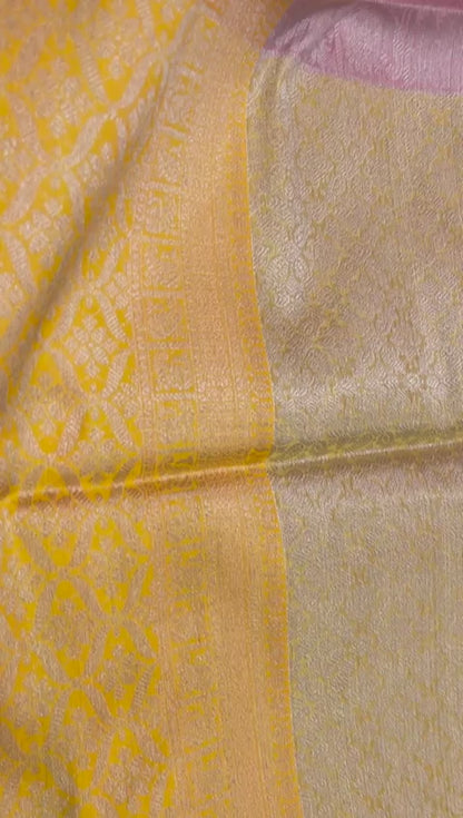 Faishana Presents Pink Silver Zari Kanchi Silk Tanchoi Brocade Contrast Gold Skirt Meena Border Banarasi Saree