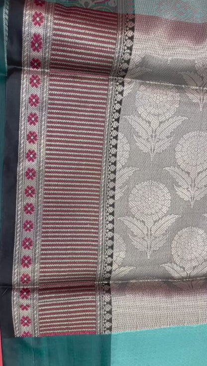 Faishana Presents Sea Green Zari Kanchi Silk Brocade Contrast Silver Gold Jamwar Border Banarasi Saree