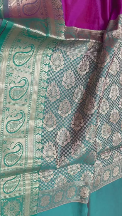 Faishana Presents Pink Katan Silk Plain Zari Anchal With Contrast Green Zari Border Banarasi Saree