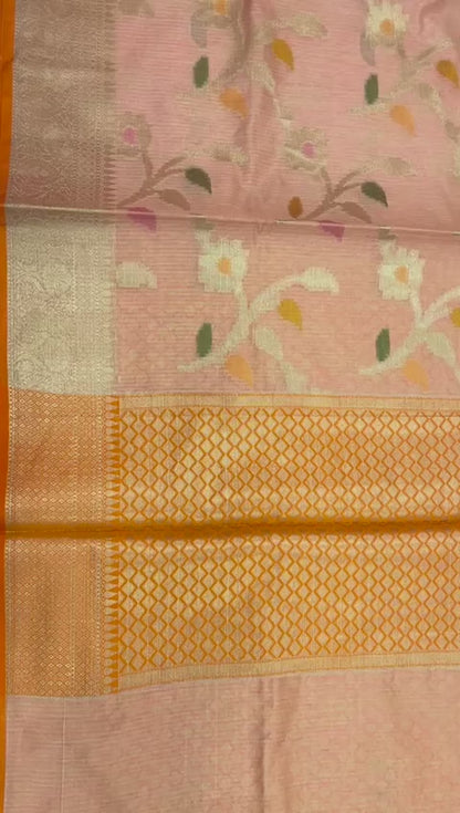 Faishana Presents Handwoven Peach Mulberry Silk Tilfi Jaal Zari Border With Orange Blouse Banarasi Saree