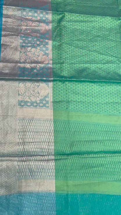Faishana Green Resham Brocade Saree With Contrast Turquoise Blue Zari Pattu Border